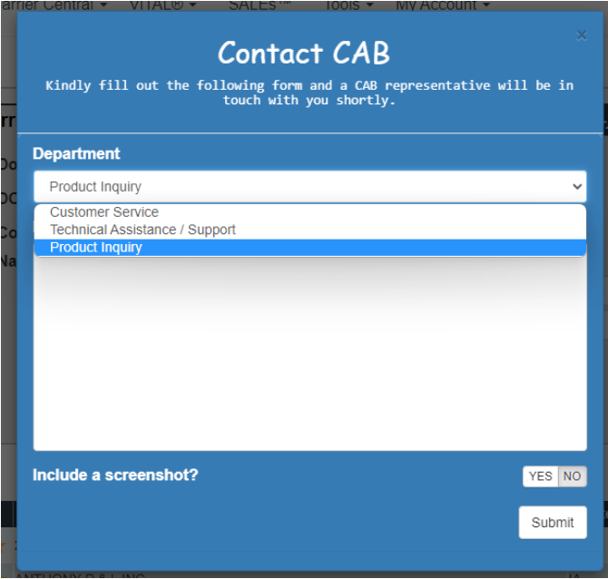 Screenshot of CAB's contact us form.