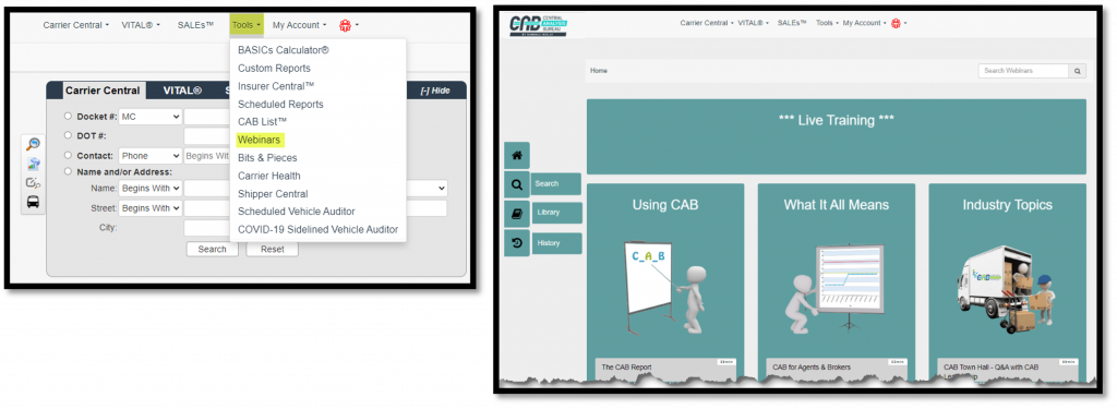 CAB website interface