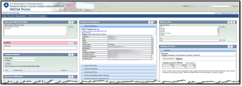 screenshot of FMCSA portal