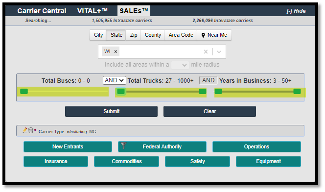 screenshot of SALES tool interface