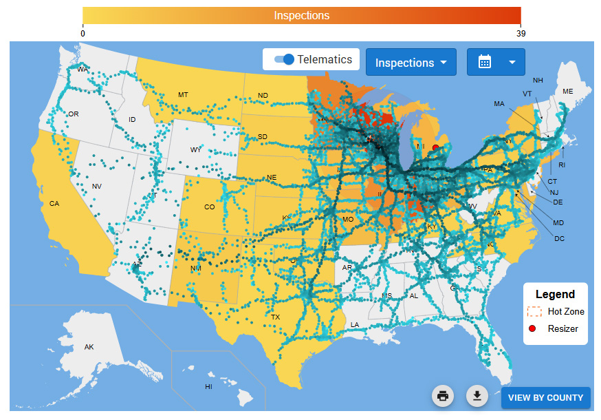 Map of the United States displaying telematics data option on the CAB platform.