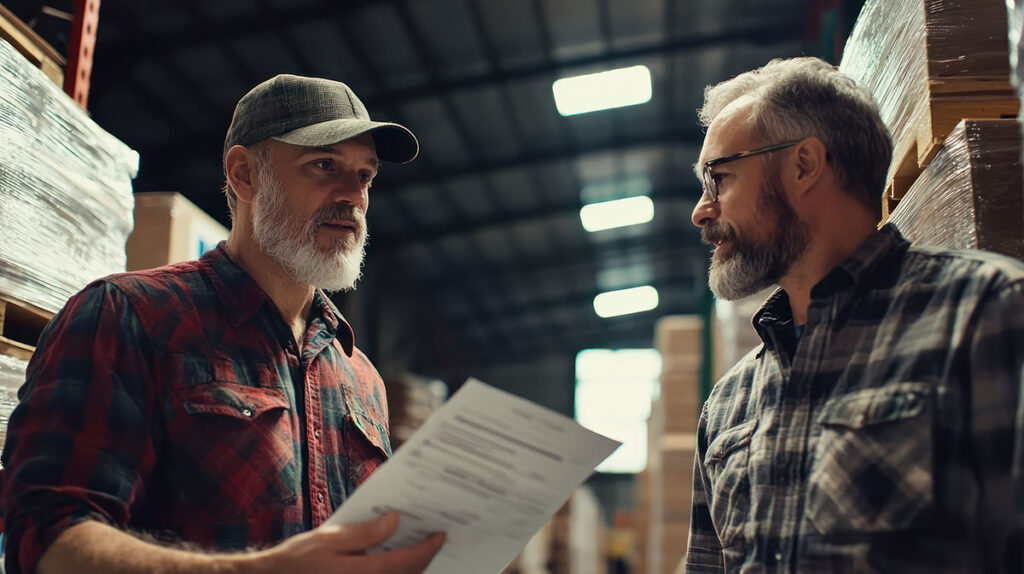 freight broker talking to truck driver in warehouse
