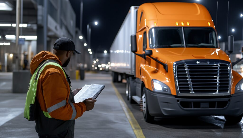 A truck driver in a reflective vest inspects logistics paperwork at night next to a bright orange semi-truck in a loading area.